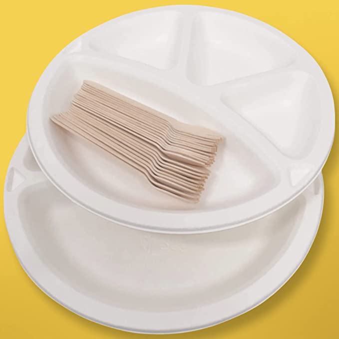 4 Compartment Round Disposable Plates, Sporks, Bagasse Plates, Party Disposal Thali White