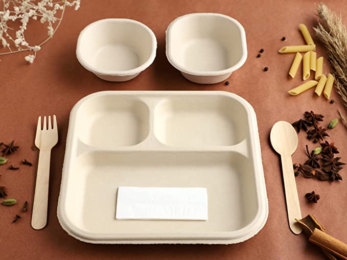 3 Compartment Square Disposable Plates Bagasse Party Disposal , Brown