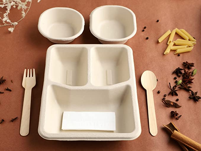 3 Compartment Rectangle Disposable Bagasse Party Disposal , Brown